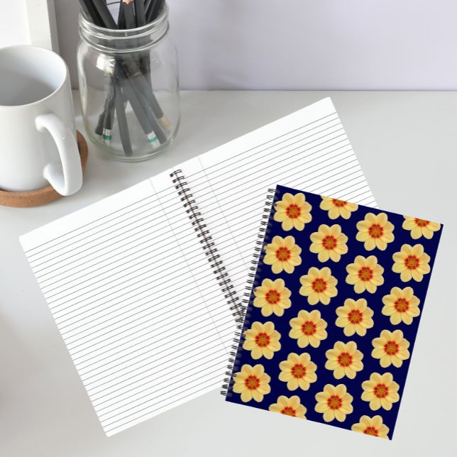 Yellow Dahlia Floral Pattern on Blue Notebook (In Situ)