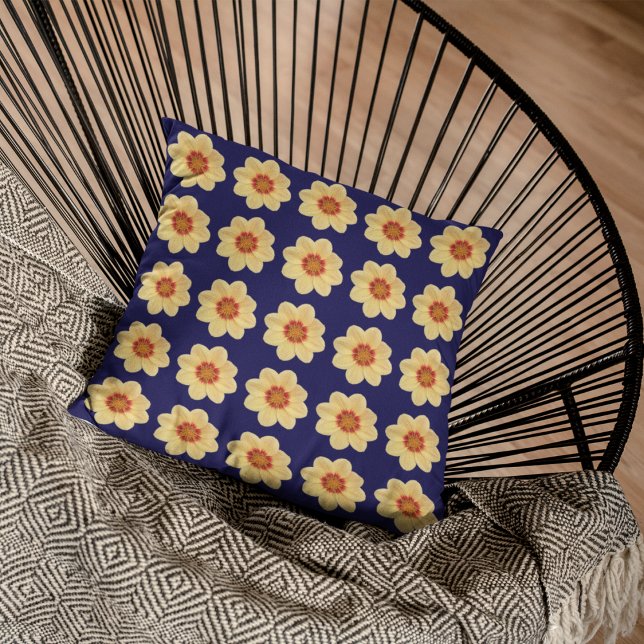 Yellow Dahlia Floral Pattern on Blue Outdoor Pillow (In Situ Patio)