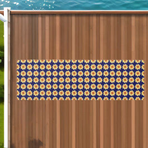 Yellow Dahlia Floral Pattern on Blue Outdoor Rug