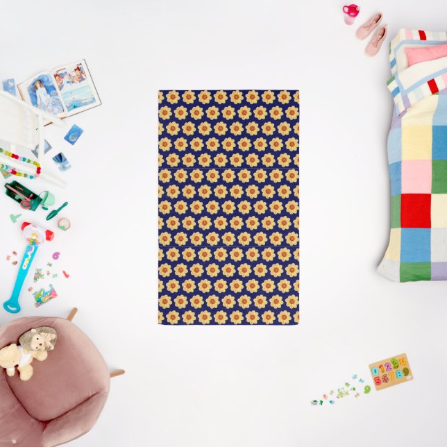 Yellow Dahlia Floral Pattern on Blue Outdoor Rug (Insitu (Babyroom))