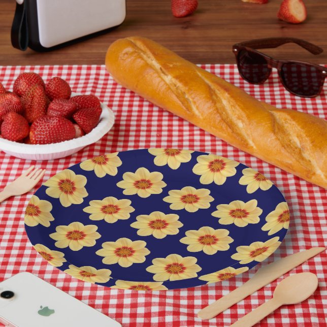 Yellow Dahlia Floral Pattern on Blue Paper Plates (Picnic)