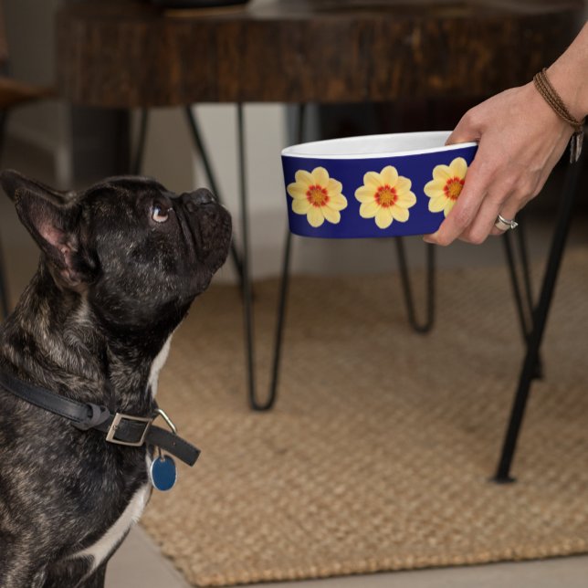Yellow Dahlia Floral Pattern on Blue Pet Bowl (Creator Uploaded)