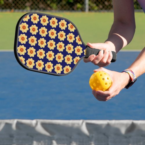 Yellow Dahlia Floral Pattern on Blue Pickleball Paddle