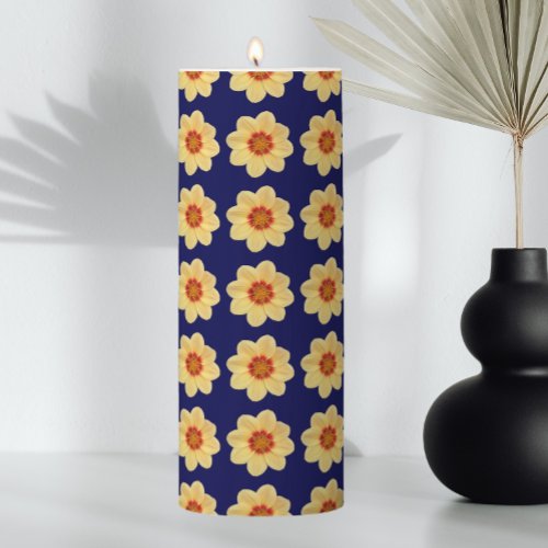 Yellow Dahlia Floral Pattern on Blue Pillar Candle