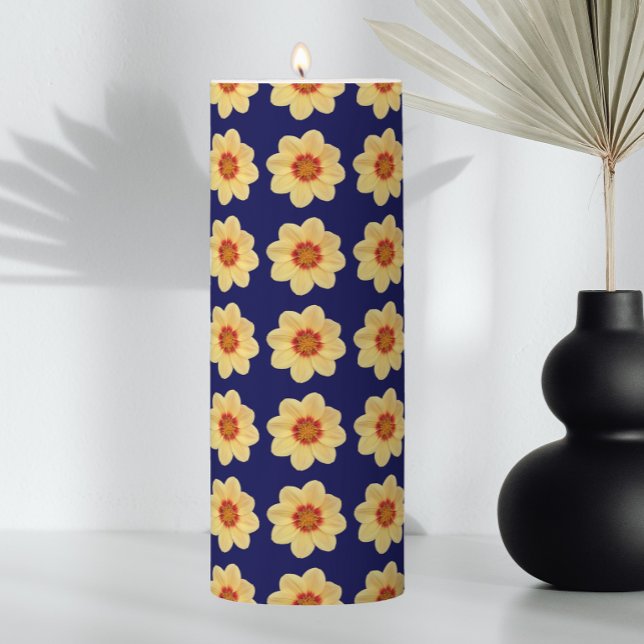 Yellow Dahlia Floral Pattern on Blue Pillar Candle (In Situ Vase)