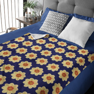 Yellow Dahlia Floral Pattern on Blue Sherpa Blanket