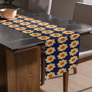 Yellow Dahlia Floral Pattern on Blue Short Table Runner