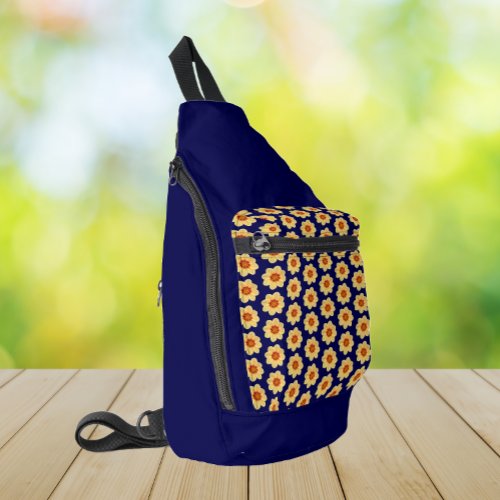 Yellow Dahlia Floral Pattern on Blue Sling Bag