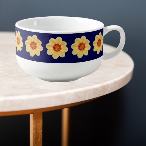 Yellow Dahlia Floral Pattern on Blue Soup Mug