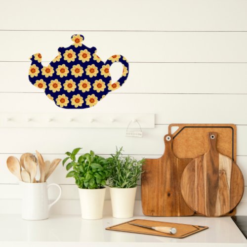 Yellow Dahlia Floral Pattern on Blue Tea Pot Wall Decal