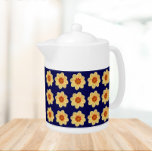 Yellow Dahlia Floral Pattern on Blue Teapot<br><div class="desc">White ceramic teapot with lid that features the photo image of a yellow Dahlia flower on a navy blue background and printed in a repeating pattern. A fun,  floral design!</div>