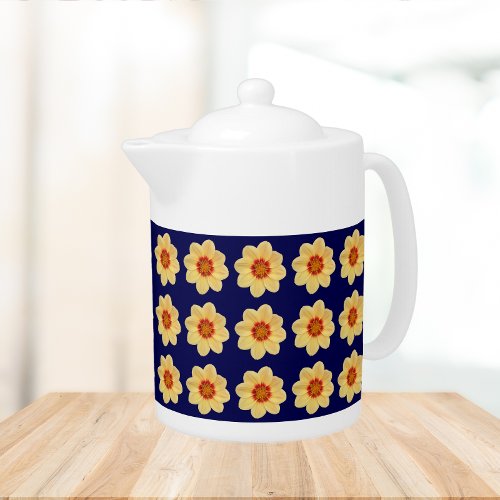 Yellow Dahlia Floral Pattern on Blue Teapot