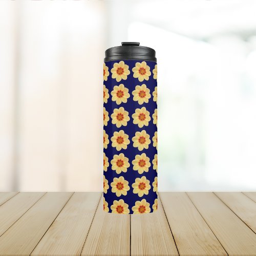 Yellow Dahlia Floral Pattern on Blue Thermal Tumbler