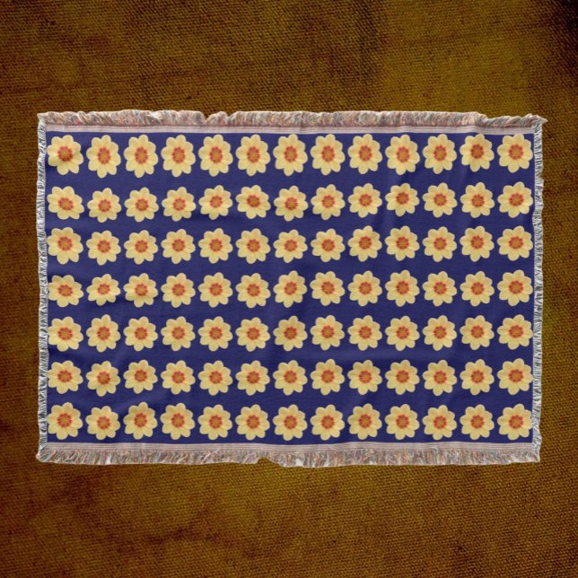 Yellow Dahlia Floral Pattern on Blue Throw Blanket (In Situ Front)