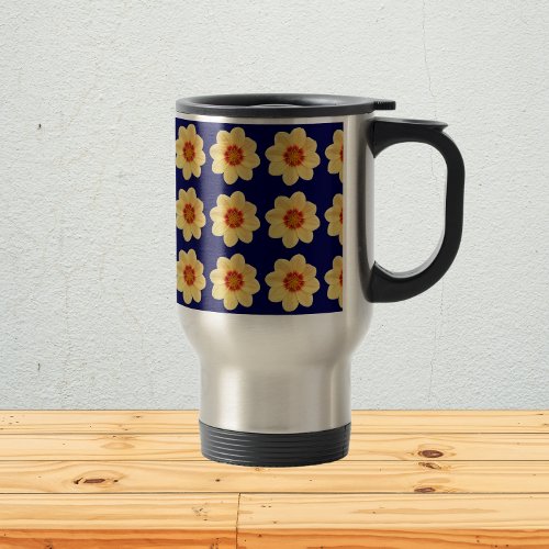 Yellow Dahlia Floral Pattern on Blue Travel Mug