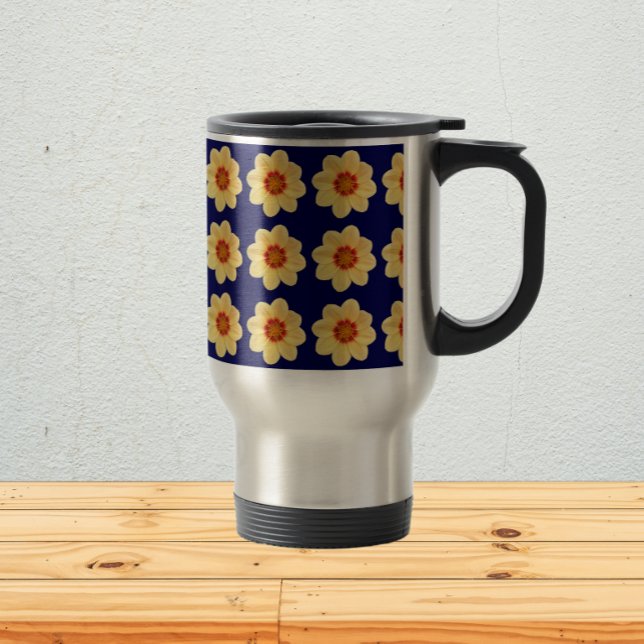 Yellow Dahlia Floral Pattern on Blue Travel Mug (In Situ)