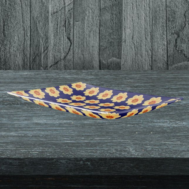 Yellow Dahlia Floral Pattern on Blue Trinket Tray (In Situ)