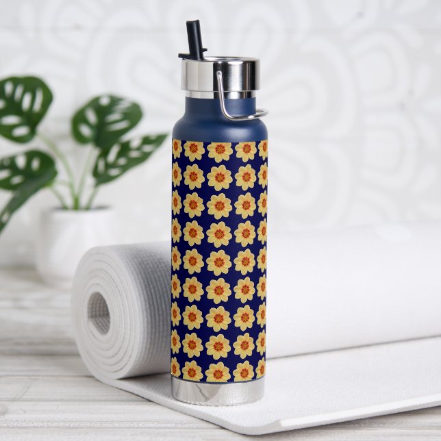 Yellow Dahlia Floral Pattern on Blue Water Bottle (Yoga)