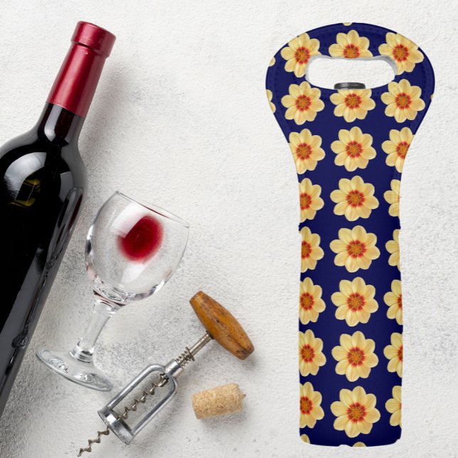 Yellow Dahlia Floral Pattern on Blue Wine Bag (In Situ)
