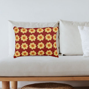 Yellow Dahlia Floral Pattern on Brick Red Accent Pillow