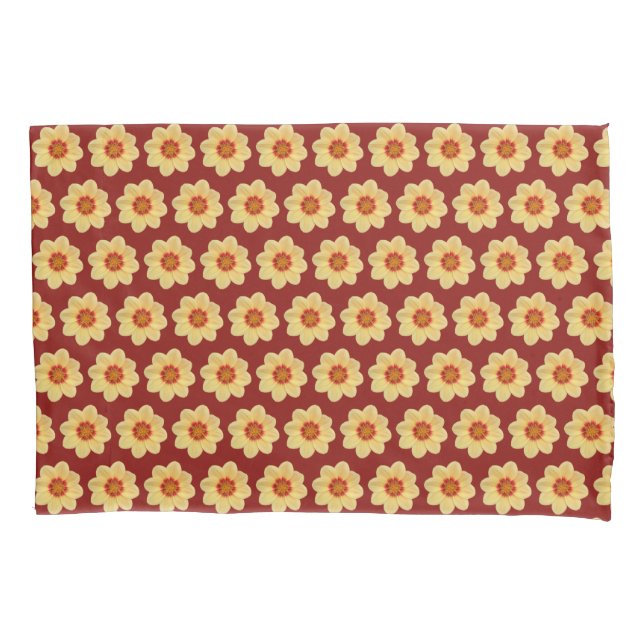Yellow Dahlia Floral Pattern on Brick Red Pillow Case (Front-Left)