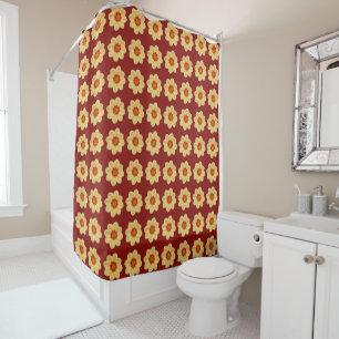 Yellow Dahlia Floral Pattern on Brick Red Shower Curtain