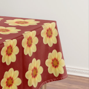 Yellow Dahlia Floral Pattern on Brick Red Tablecloth