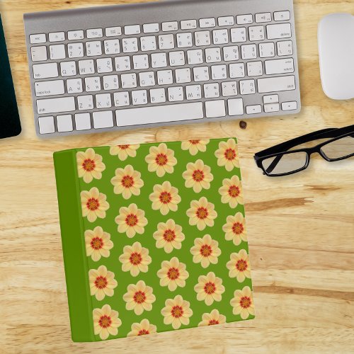 Yellow Dahlia Floral Pattern on Green 3 Ring Binder