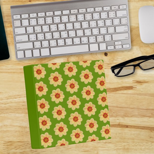 Yellow Dahlia Floral Pattern on Green 3 Ring Binder (In Situ Office)