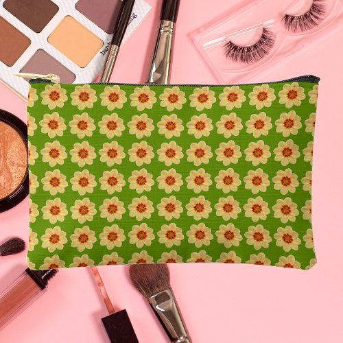 Yellow Dahlia Floral Pattern on Green Accessory Pouch