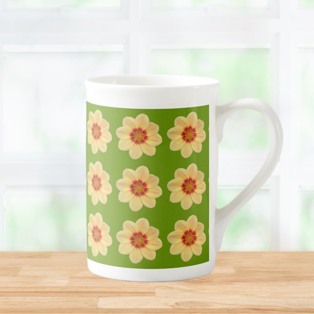 Yellow Dahlia Floral Pattern on Green Bone China Mug (In Situ)