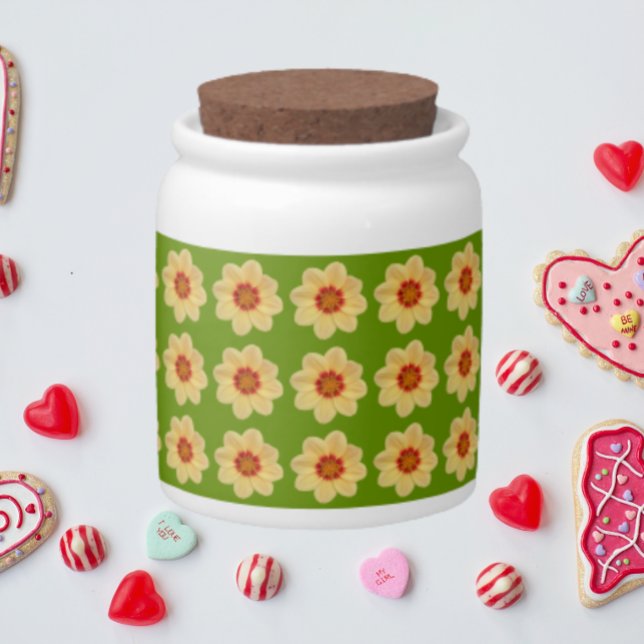 Yellow Dahlia Floral Pattern on Green Candy Jar (In Situ Valentines)