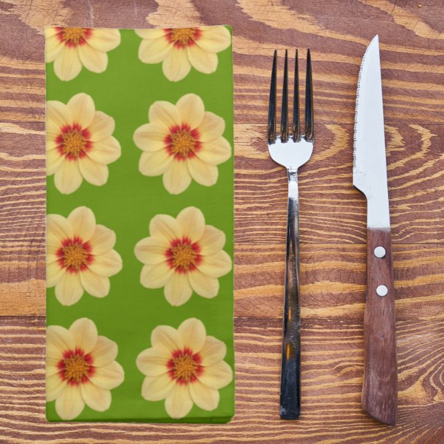 Yellow Dahlia Floral Pattern on Green Cloth Napkin (In Situ Tableware)