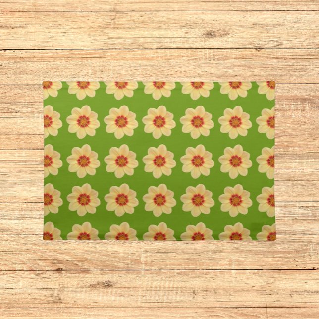 Yellow Dahlia Floral Pattern on Green Cloth Placemat (In Situ Table)