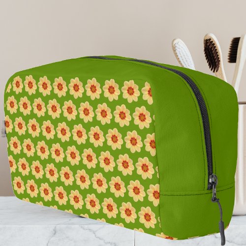 Yellow Dahlia Floral Pattern on Green Dopp Kit