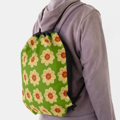 Yellow Dahlia Floral Pattern on Green Drawstring Bag