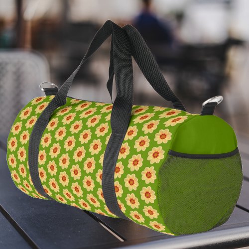 Yellow Dahlia Floral Pattern on Green Duffle Bag