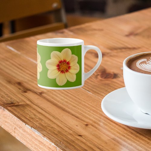 Yellow Dahlia Floral Pattern on Green Espresso Cup