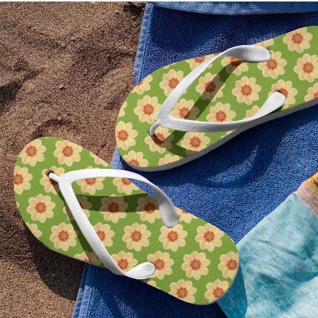 Yellow Dahlia Floral Pattern on Green Flip Flops (In Situ)