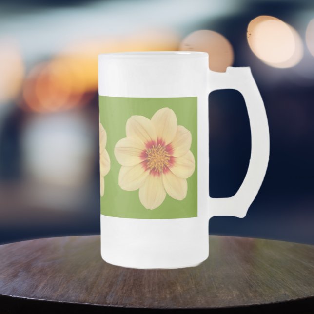Yellow Dahlia Floral Pattern on Green Frosted Glass Beer Mug (In Situ)