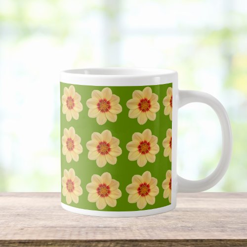 Yellow Dahlia Floral Pattern on Green Giant Coffee Mug