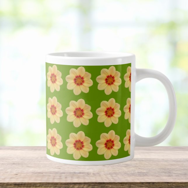 Yellow Dahlia Floral Pattern on Green Giant Coffee Mug (In Situ)