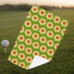 Yellow Dahlia Floral Pattern on Green Golf Towel