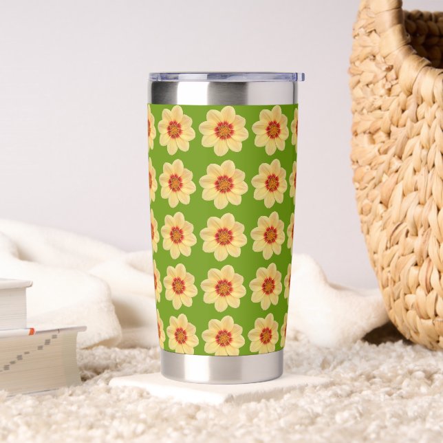 Yellow Dahlia Floral Pattern on Green Insulated Tumbler (Living Room)