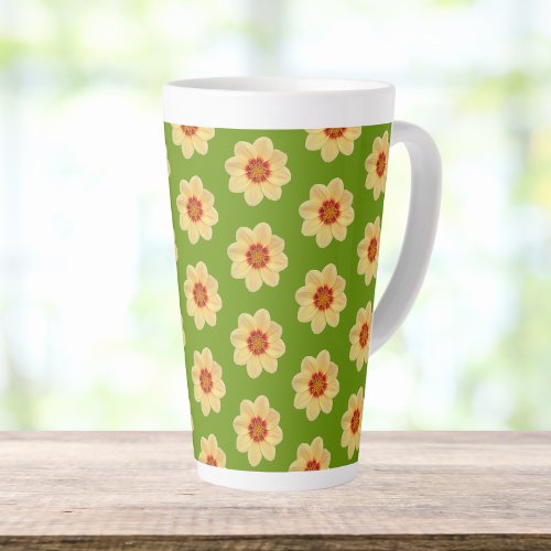 Yellow Dahlia Floral Pattern on Green Latte Mug