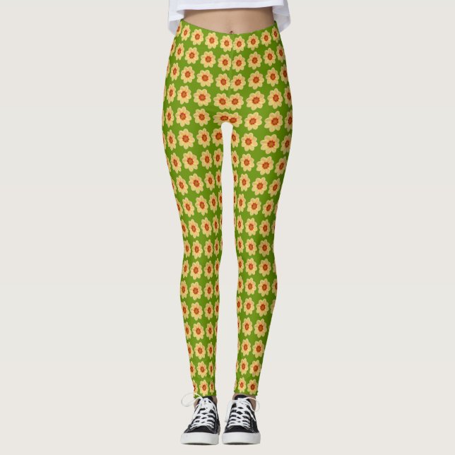 Yellow Dahlia Floral Pattern on Green Leggings (Front)