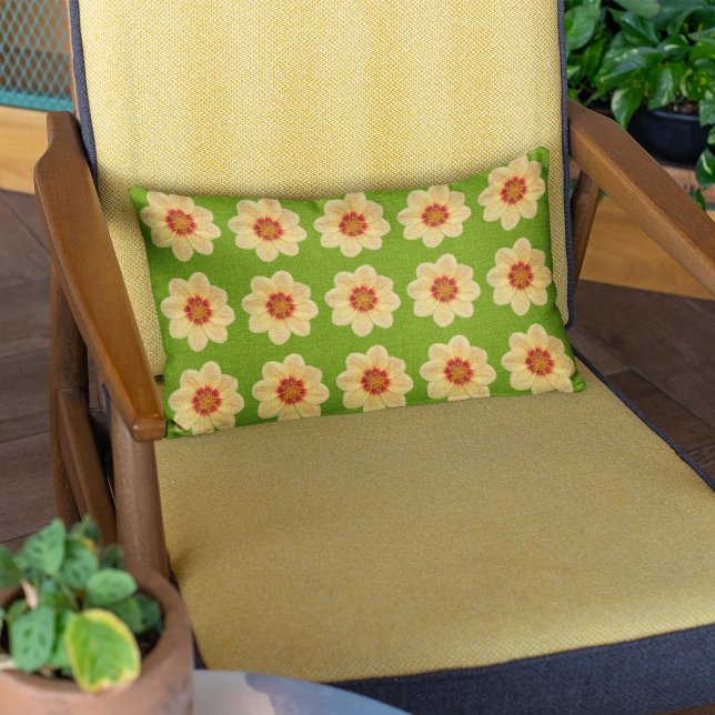 Yellow Dahlia Floral Pattern on Green Lumbar Pillow (In Situ Chair)