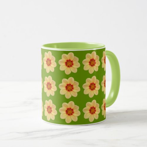 Yellow Dahlia Floral Pattern on Green Mug