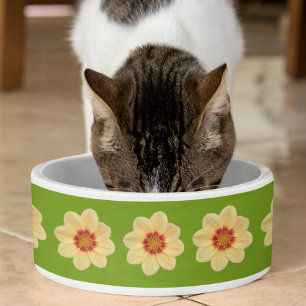 Yellow Dahlia Floral Pattern on Green Pet Bowl