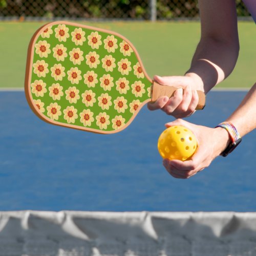Yellow Dahlia Floral Pattern on Green Pickleball Paddle